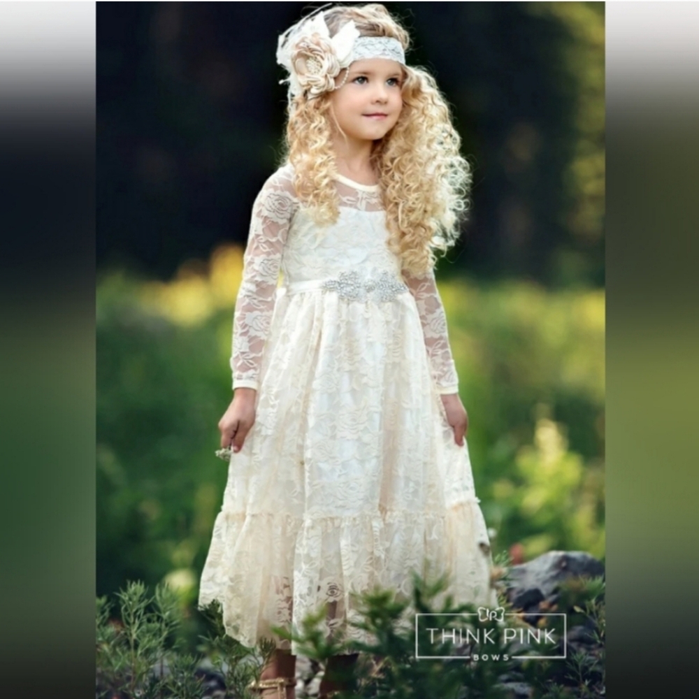THINKPINK 6 Girls Ivory Lace Dress Mesh Flower Floral Elegant Bohemian Midi Cute